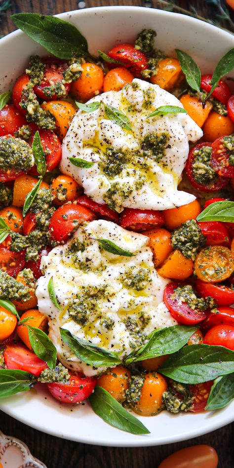 Summer Salad with Cherry Tomatoes, Burrata Cheese, and Basil Pesto - on a white plate. Tomato Pesto Salad, Fresh Summer Salad Recipes, Tomatoes Mozzarella Salad, Buratta Pesto, Tomato And Burrata Salad, Burrata Tomato Salad, Pesto Mozzarella Salad, Tomato Salad Burrata, Burrata Bar