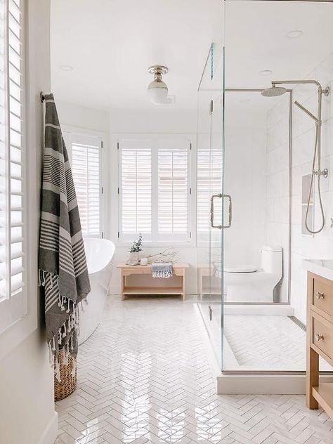 Master bath with White Porcelain Herringbone Pattern Floor Tiles - Transitional - Bathroom White Herringbone Bathroom Floor, Bone Tile Bathroom, White Herringbone Shower Tile, Bathroom Herringbone Tile Floor, Herringbone Floor Bathroom, White Herringbone Tile Floor, Blue Bathroom Inspiration, Herringbone Shower Floor, Herringbone Bathroom Floor