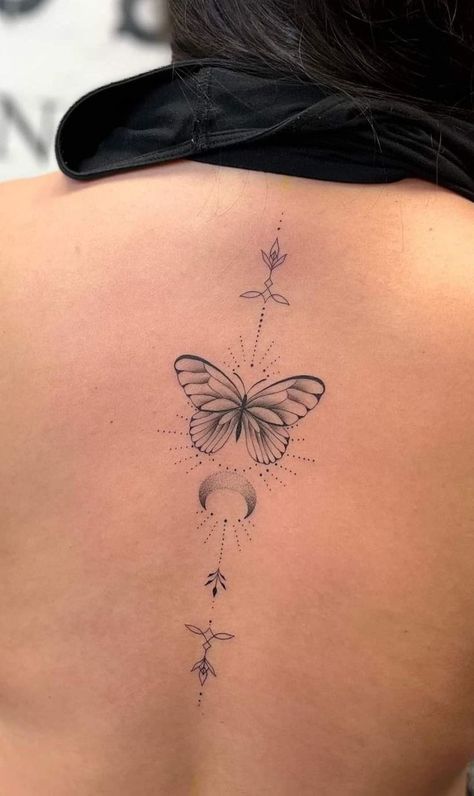 Spine Tattoo Butterfly, Butterfly Back Tattoo Spine, Hayley Tattoo, Butterfly Spine Tattoo, Small Flower Tattoos For Women, Butterfly Tats, Flower Tattoos For Women, Back Tattoo Women Spine, Flower Spine Tattoos