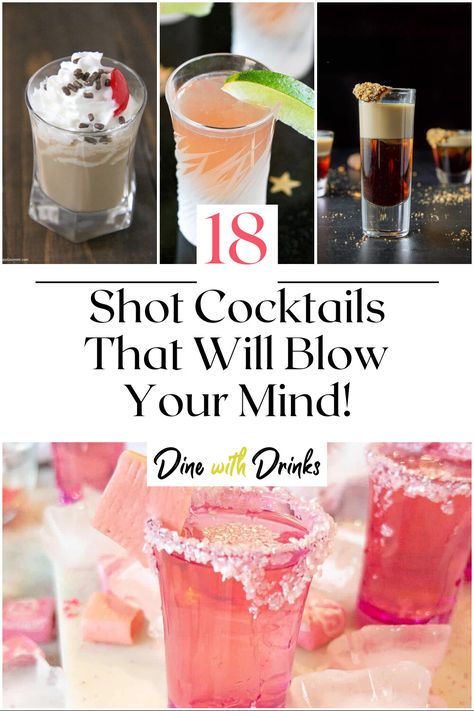 Collage of 4 shot cocktails. Drinks Alcohol Recipes Shots, Shots For Party Alcohol, Wedding Shots Alcohol Ideas, Drinks Alcohol Recipes Bar, Nye Shots Cocktail Recipes, Drinks To Serve At A Party, Cute Shots Alcohol, Cocktail Party Setup Ideas, Creative Alcoholic Shots