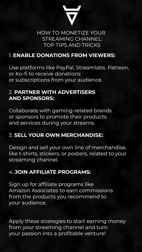 Don't let your streaming passion go unrewarded! Monetize your streaming channel by following these essential tips: Enable donations from viewers, partner with advertisers and sponsors, sell your own merchandise, and join affiliate programs. Apply these strategies to start earning money from your streaming channel and turn your passion into a profitable venture! #StreamingTips #MonetizeYourChannel #TwitchStreamer #GamingIncome Twitch Affiliate Ideas, Live Streaming Content Ideas, Podcast Merchandise Ideas, Starting A Twitch Channel, How To Start Streaming, Cat Vtuber, Twitch Tips, Stream Elements, Streaming Tips