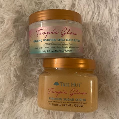 Tree Hut Tropic Glow Firming Sugar Scrub and Firming Whipped Shea Body Butter Tropical Glow Tree Hut, Tropic Glow Tree Hut, Tree Hut Body Butter, Hut Aesthetic, Tree Hut Tropic Glow, Whipped Shea Body Butter, 2023 Birthday, Beachy Girl, Cupuacu Butter