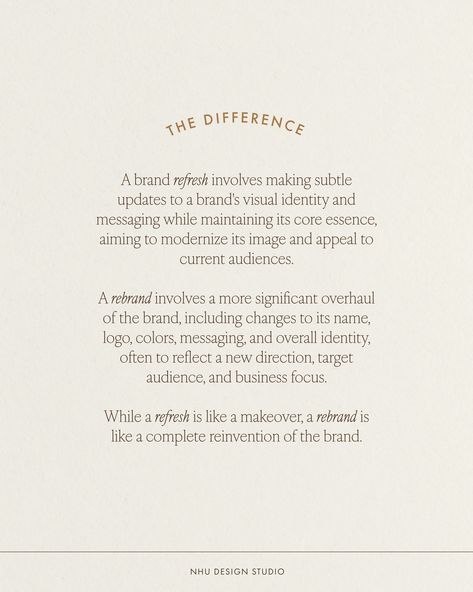 Brand Refresh VS. Rebrand ✨ While both a brand refresh and a rebrand aim to enhance a company's image and market position, the extent of changes and the level of continuity with the existing brand identity distinguish the two strategies. A brand refresh involves updating certain elements while maintaining the core identity, whereas a rebrand involves a more comprehensive overhaul, including changes to the brand's name, visual identity, and messaging. . . . #branding #nowbooking #modernbran... Brand Positioning, Font Pairings, Brand Refresh, Photography Company, Website Design Layout, Font Pairing, Website Layout, Website Inspiration, Marketing Ideas