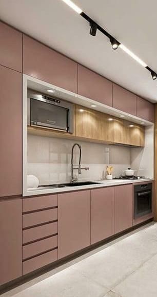 Rose Pink Kitchen Cabinets, Parallel Kitchen Design, Kitchen Unit Designs, Kitchen Wardrobe Design, Kitchen Colour Combination, Kitchen Cabinetry Design, Kitchen Colour, Kitchen Unit, Simple Kitchen Design