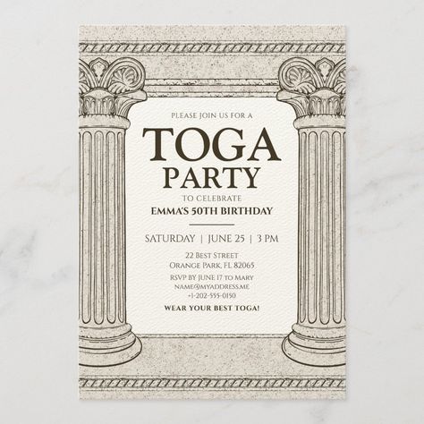 Toga Party Invitations, Greek Mythology Invitation, Greek Invitations Ideas, Greek Party Invitations, Greek Invitation, Roman Party, Prom Tickets, Graffiti Books, Greek Garden