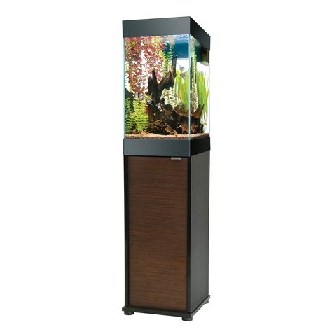 The 15 Column Deluxe Aquarium Kit from Aqueon features a taller, vertical aquarium view with integrated fluorescent lighting hood. Wood Fish Tank Cabinet, Corner Table For Fish Tank, Ikea Besta Aquarium Stand, Home Made Fish Tank Stands, Aquarium Stand Build, Fishtank Cabinet, Turtle Tank Setup, Aquarium Stands, Custom Aquarium