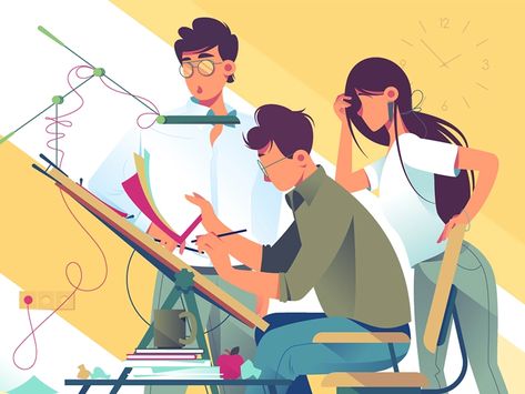 Team at work on design project by Kit8 | Dribbble | Dribbble Digital Art Equipment, Illustration Face, Naive Illustration, Visual Metaphor, Flat Design Illustration, Illustrations Art, Flat Vector Illustration, Creative Corner, Modern Flat