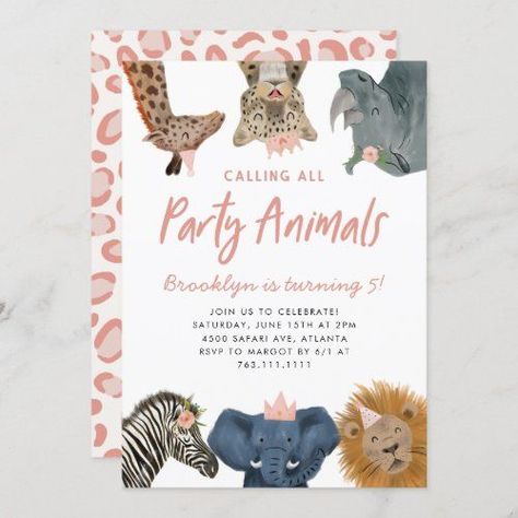 Calling All Party Animals Pink Safari Birthday #safari #birthdayparty #girl #callingallpartyanimals #kids #zooanimals #pink #floral #lion #elephant Safari Birthday Invitations, Two Wild Birthday, Animal Themed Birthday Party, Safari Animals Birthday, 2nd Birthday Party For Girl, Young Wild And Three, Wild Birthday Party, Cute Birthday Party, Two Wild