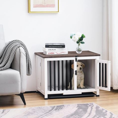 MCombo Wooden Dog Crate Furniture End Table with Door, No Assembly Portable Foldable Pet Crate Dog Kennel Indoor with Removable Tray 1256 (Small, White) Cage For Dogs, Furniture Dog Kennel, Portable Dog Crate, Dog Crate End Table, Medium Dog Crate, Dog Crate Table, Modern Dog Houses, Wood Dog Crate, Crate End Tables