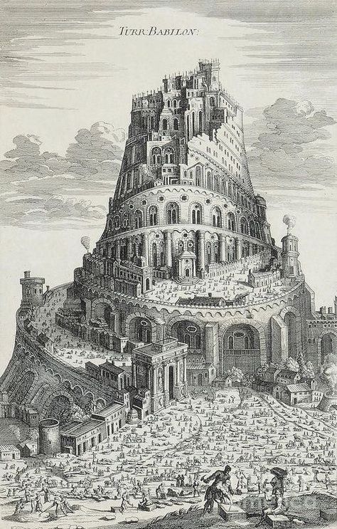 The legendary Tower of Babel is said to have been the largest construction endeavor of antiquity. Its goal being to build a tower that reached the heavens, myths tell how the gods disliked this new level of human ambition, so they confused their languages to prevent the tower’s completion. (Babylon, Babylonian Empire) Babylon Art, Tower Of Babylon, Tower Of Babel, A3 Poster, Mesopotamia, Architecture Drawing, Photographic Prints, 18th Century, Cali