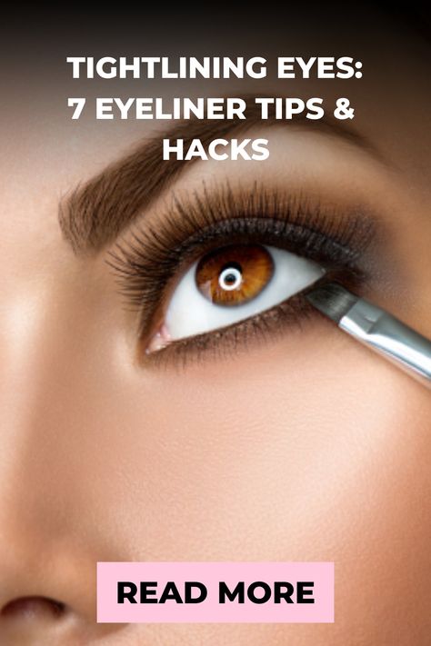 Tightlining eyeliner technique with close-up of an eye and makeup brush applying eyeliner. False Lashes Look, Eyes With Eyeliner, Tightlining Eyes, Eyeliner Tips, Hot Makeup, Glam Makeup Look, Angled Brush, Creative Makeup Looks, Lower Lashes