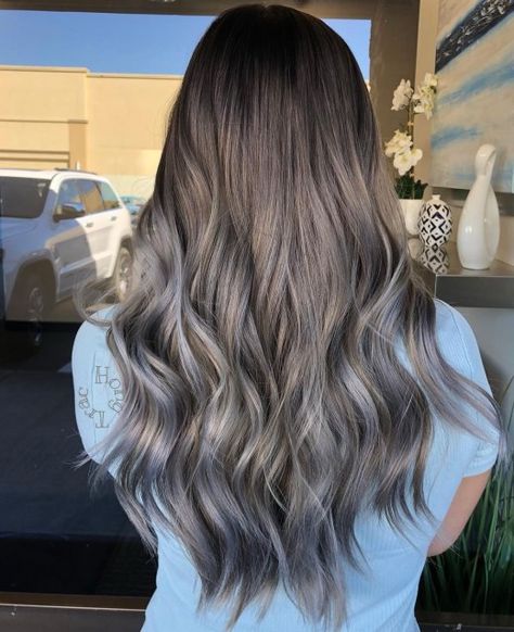 Mushroom Brown Hairstyle with Gray Ends Mushroom Grey Hair Color Balayage, Lilac Bayalage Hair, Mushroom Bronde Hair Color, Mushroom Brown Hair Color, Mushroom Brown Hair, Body Improvement, Ashy Hair, Baylage Hair, Gray Balayage