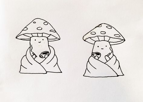 toadstools, mushroom, coffee, cigarette, blanket, rest, tattoo, cute Mushroom With Face Tattoo, Easy Doodle Art Mushrooms, Mushroom Holding A Knife Drawing, Tiny Mushroom Tattoo Matching, Tea And Coffee Tattoo Matching, Mushroom Friendship Tattoos, Friendship Mushroom Tattoo, Cute Matching Mushroom Tattoos, Matching Mushroom Tattoos For Best Friends