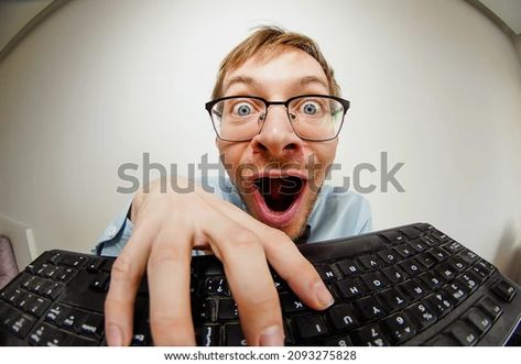 Fisheye Portrait Crazy Nerd Glasses Typing Stock Photo 2093275828 | Shutterstock Pushing Up Glasses Reference, Fisheye Portrait, Funny Bases, Stock Photos Funny, Nerd Glasses, Book Illustration Art, Character Poses, Viral Trend, Pose Reference Photo