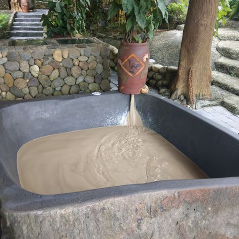 Mud Bath Spa Design, Diy Mud Bath, Mud Bath Aesthetic, Mud Bath Spa, Mud Spa, Mud Therapy, Sand Therapy, Hydro Spa, Outdoor Meditation