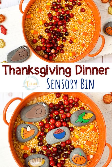 Preschool Thanksgiving Sensory Bin, Thanksgiving Sensory Bin Preschool, Thanksgiving Sensory Bin, Thanksgiving Sensory, Thanksgiving Activities Preschool, Thanksgiving Crafts For Toddlers, Sensory Tubs, November Activities, Popcorn Kernels