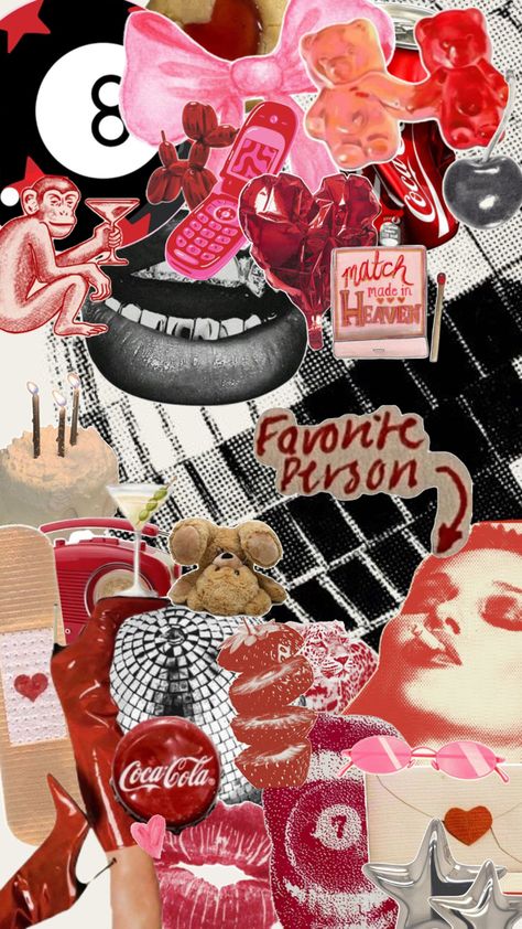 #itgirl #aesthetic #red #black #discoball #lipstick #eightball Pink Collage Wallpaper, Itgirl Aesthetic, Pink Collage, Collage Wallpaper, Aesthetic Red, Match Making, Made In Heaven, Disco Ball, Favorite Person