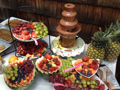 Fruit Chocolate Fountain, Fruit Bar With Chocolate Fountain, Fruit Table With Chocolate Fountain, Chocolate Fountain Display, Chocolate Fountain Wedding, Chocolate Fountain Bar, Mexican Dessert Table, Cookie Dipper, Bridal Shower Chocolate