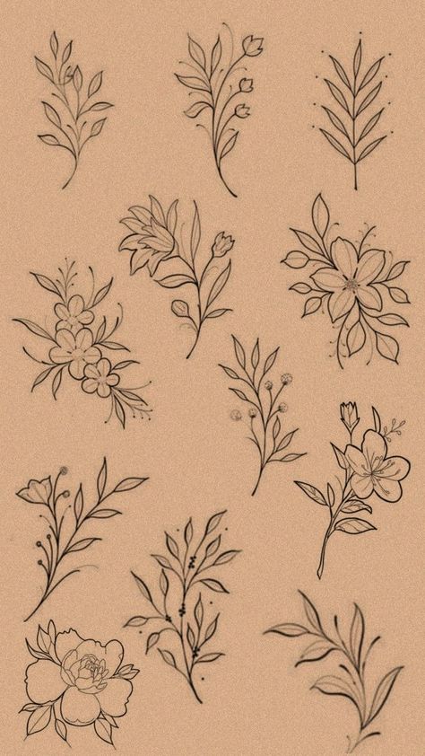 Small Flowers Design, Botanical Flash Tattoo, Natural Motif Drawing, Flores Tattoo Mujer, Little Flower Drawing, Small Flower Drawing, Botanical Illustration Tattoo, Small Flower Drawings, Tattoo Doodles