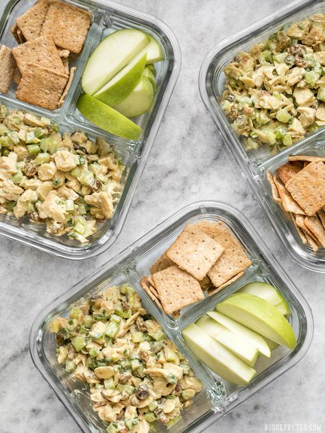 Curry Chicken Salad is paired with crunchy crackers for dipping and a tart apple to cleanse the palate in this simple cold lunch box. BudgetBytes.com Chicken Salad Meal Prep, Yogi Food, Budget Friendly Dinner Recipes, Healthy Meal Prep Recipes, Curry Chicken Salad, Cold Lunch, Meal Box, Budget Bytes, Salad Meal Prep