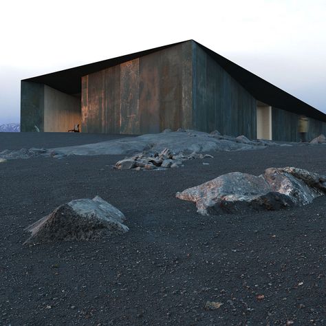 The Iceland Black Lava Fields Visitor Center competition winners announced Iceland Lava, Iceland House, Lava Field, Snow Cabin, Steel Architecture, Ski Cabin, Icelandic Design, Scandinavian Architecture, World Architecture