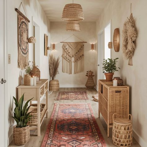 Boho House Interior💖💖💖 Modern Boho Hallway, Dressing Room Boho, Home Entrance Wall Decor, Boho Dressing Room, Hippie House Aesthetic, Boho Staircase, Boho Foyer, Boho Entryway Ideas, Boho Entrance