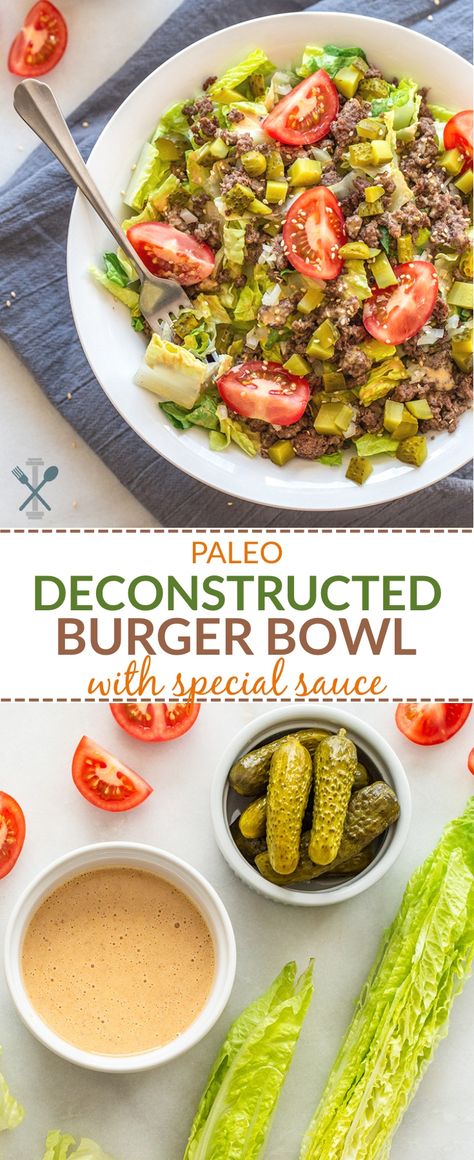 Zero Carb Dairy Free Recipes, Deconstructed Burger, Paleo Burger, Dinner Shrimp, Burger Bowl, Burger Bowls, Paleo Menu, Dairy Free Bread, Dairy Free Snacks