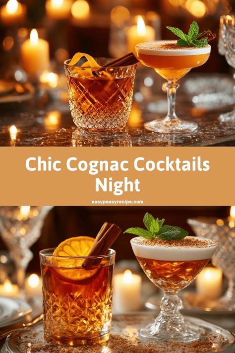 Elegant cocktails made with cognac served in stylish glassware, surrounded by softly lit candles on a sophisticated evening setting. Sophisticated Recipes, Cognac Cocktails, Cognac Drinks, Quick Sweets, Cognac Cocktail, Mojito Ingredients, Easy Zucchini Recipes, Cocktail Names, Pot Recipes Healthy