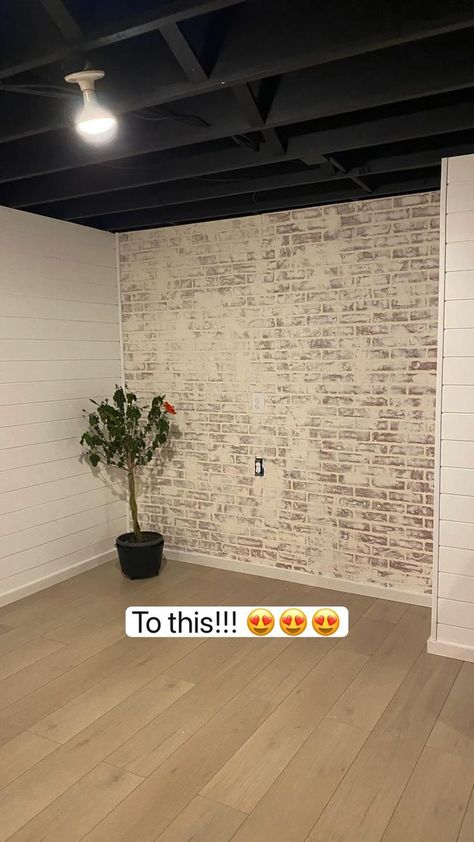 Easy DIY faux brick accent wall using panels! Upgrade your space easy and inexpensive! | Pinterest Faux Brick Accent Wall, Cheap Basement Remodel, Basement Decoration, Brick Accent Wall, Brick Wall Paneling, Dream Basement, Basement Remodel Diy, Basement Gym, Basement Inspiration