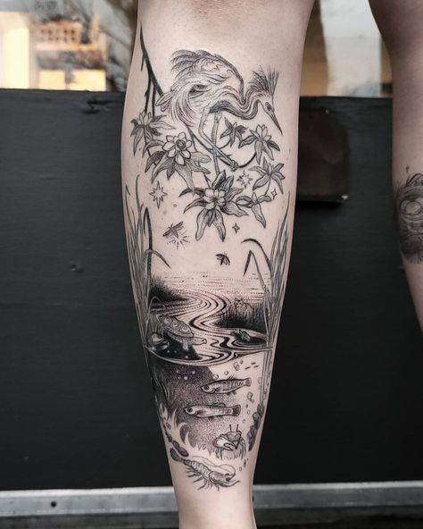 Ruby Lee on Instagram: “2+ years healed! Just touched up this coastal marsh scene for Audrey. Its always fun revisiting old work and seeing how my style/technique…” Marsh Tattoo Ideas, Marshland Tattoo, Tattoo Collection Sleeve, River Scene Tattoo, Garden Scene Tattoo, Pond Tattoo Sleeve, Swamp Tattoo Sleeve, Scenery Tattoo Women, Ocean Landscape Tattoo