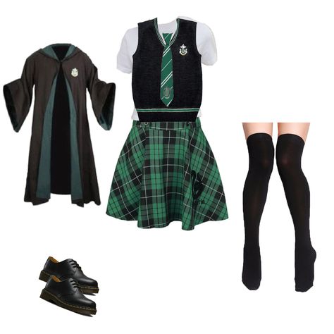 Harry Potter Outfits Slytherin, Modern Hogwarts Uniform, Slytherin Uniform, Harry Potter Uniform, Slytherin Girl, Slytherin Clothes, Slytherin Outfit, Slytherin Fashion, Oc Dress