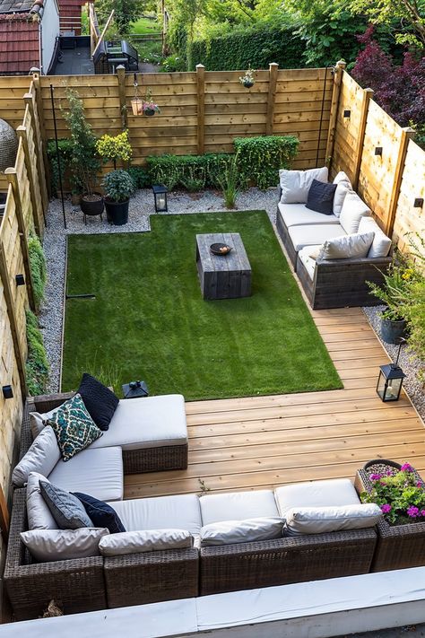 small yard design with deck, sofa, grass and stone garden bed Ground Deck, Rooftop Patio Design, Small Garden Landscape, Courtyard Gardens Design, Modern Backyard Landscaping, Deck Designs Backyard, Backyard Renovations, Backyard Remodel, Modern Backyard