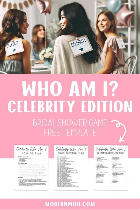 Learn everything about the Who Am I bridal shower game – Celebrity Edition! This version is perfect for the bride who loves famous celebrities. Discover what you need and how to play this fun and engaging game, and ensure your bridal shower party is a hit. Download your Who Am I bridal shower game free printable today! Maid Of Honor Responsibilities, Bridal Shower Game, Who Am I, The Who, Wedding Games, Bridal Shower Party, Bridal Shower Games, Famous Celebrities, Shower Party