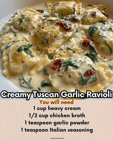 Creamy Tuscan Garlic Ravioli 🍝🧄... - Recipes Gourmand Pantry Creamy Tuscan Ravioli, Tuscan Ravioli, Creamy Ravioli, February Quotes, Garlic Spinach, Ravioli Recipe, Cheese Ravioli, Rice Pasta, Pasta Pasta