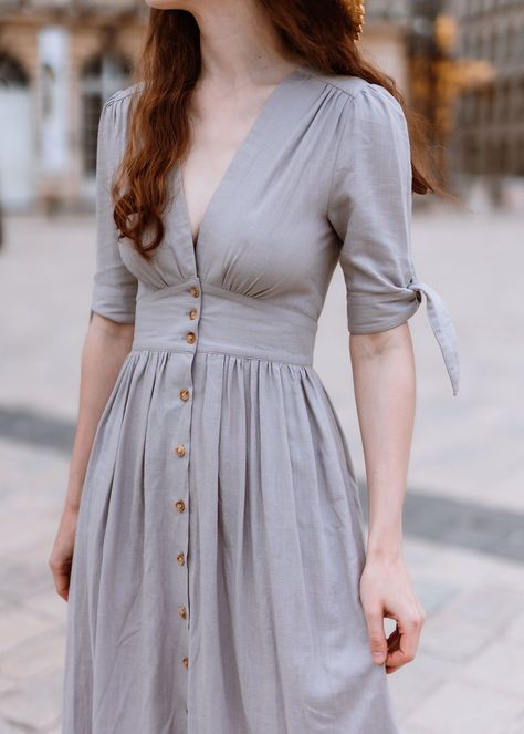 Dress Deep V Neck, Mode Boho, Linen Midi Dress, Dress Linen, Linnet, 가을 패션, Linen Dresses, Linen Dress, Gray Dress