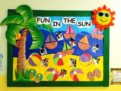 Summer Season Bulletin Board Ideas, Summer Season Chart Preschool, Summer Season Decoration For Classroom, Summer Decoration For Classroom, Summer Season Classroom Decoration, Beach Bulletin Board Ideas Preschool, Summer Birthday Wall Ideas For Classroom, Beach Display Board Nursery, Summer Bulletin Board Ideas Preschool