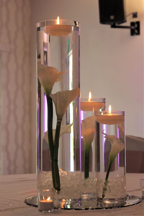 Rectangle Table Centerpieces Wedding, Rectangle Table Centerpieces, Gold Floating Candles, Floating Candle Decorations, Calla Lily Centerpieces, Mirror Centerpiece, Flower Table Decorations, Wedding Vows Renewal, Candle Displays