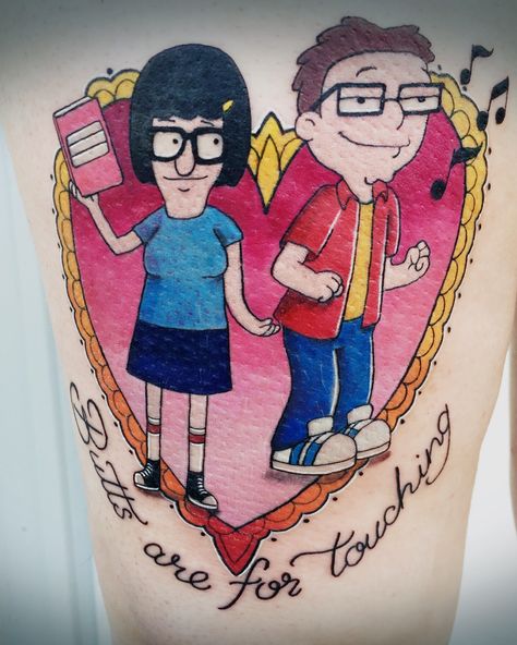 American Dad/Bobs Burgers tattoo. The perfect couple! #americandad #bobsburgers #tina #tinabelcher #steve #stevesmith #tattoo #tattoos Bobs Burgers Tattoo, Cute Sister Tattoos, Sister Tattoo Designs, Brother Sister Tattoo, Brother Tattoos, Cartoon Tattoo, Fan Tattoo, Matching Sister Tattoos, Tina Belcher