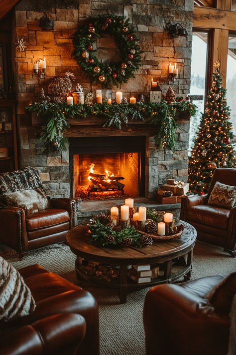 Transform your living room into a festive wonderland with this warm and inviting Christmas home decor. Featuring elegant garlands and candles, it’s perfect for a cozy holiday ambiance. #ChristmasHomeDecor #FestiveHome #HolidayVibes Cozy Fireplace Christmas, Christmas Cosy Aesthetic, Classy Holiday Decor, Cosy Christmas Living Room, Cozy Cabin Christmas Decor, Classic Traditional Christmas Decor, Chalet Christmas Decor, Family Christmas Aesthetic, Oversized Candles