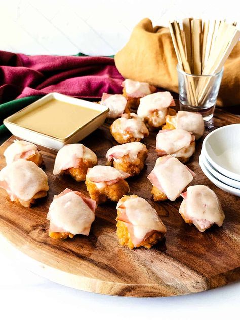 Chicken Cordon Bleu Appetizer, Chicken Cordon Blue Appetizer, Chicken Appetizers For Party, Cordon Bleu Bites, Chicken Cordon Bleu Bites, Cordon Blue, Frozen Chicken Nuggets, Honey Mustard Dipping Sauce, Mustard Dipping Sauce