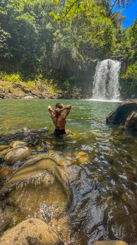 Swimming Hole Aesthetic, River Pictures Ideas, Swimming Waterfall, Hawaii Swimming, Waterfall Picture Ideas, Waterfall Hawaii, Waterfall Pics, Waterfall Swimming Aesthetic, Swim In Waterfall