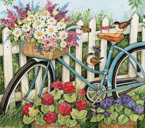 May 2019 Outdoor Wall Paint, Bicycle With Flowers, Bicycle Drawing, Bicycle Wall Art, Bike With Basket, Scrapbook Images, Burlap Garden Flags, Susan Winget, Beautiful Oil Paintings