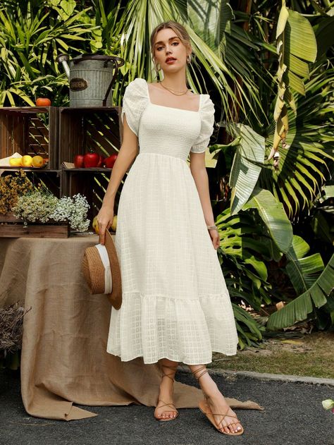 Apricot Elegant Collar Short Sleeve Woven Fabric Plain A Line Embellished Non-Stretch  Women Clothing Dresses For Women Western, White Frocks For Women Western, Design Frock, White Dresses Modest, Western Dress Women, Aesthetic Frocks, Trip Dresses For Women, Simple Frock Designs For Women, Plain Dresses