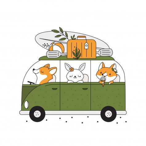 Childish print with cute baby animals in... | Premium Vector #Freepik #vector #travel #character #animal #rabbit Traditional Chinese House, Bus Drawing, Safari Outfits, Cute Vans, Surf Vintage, Animal Rabbit, Illustration Story, Baby Illustration, Travel Drawing