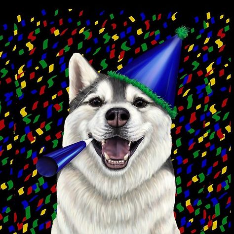 Celebration Husky - dog in a party hat shirt Husky Birthday, Happy Husky, Yellow Confetti, Background Birthday, Washington Huskies, Kids Scarf, Birthday Hat, Husky Dogs, Party Hat