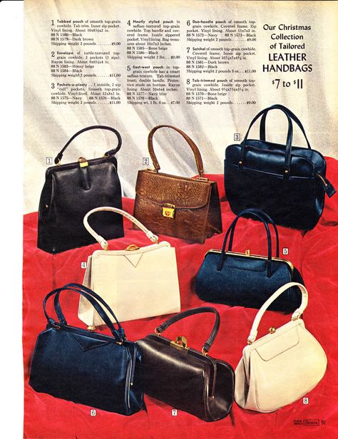 1968 Sears Catalog. Leather Handbags for 'about-town ladies'. 60s Handbags, Bag Catalogue, 60s Purse, Style Names, Purse Trends, Sears Catalog, Bags Online Shopping, Retro Handbags, Fabric Handbags