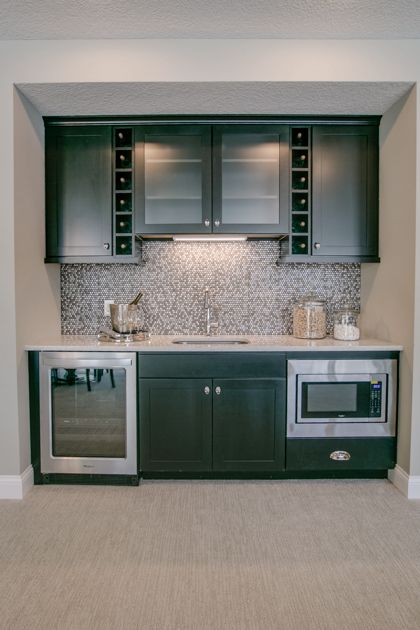 Wet Bar - Creative Homes Wet Bar With Butcher Block Counter, Wet Bars Ideas, Bar With Fridge, Wet Bar Design, Wet Bar Designs, Bars Ideas, Basement Kitchenette, Bar Design Ideas, Basement Bar Ideas