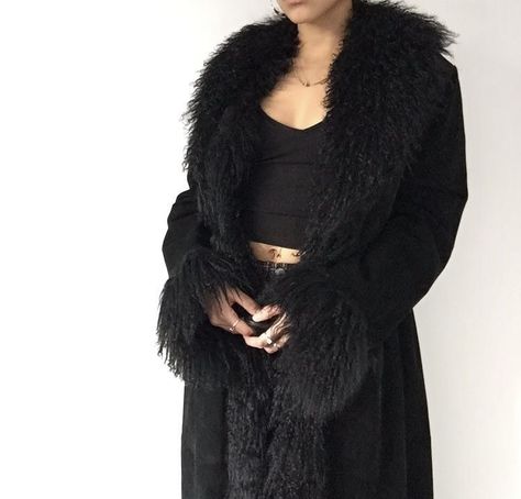 Afghan Coat Outfit, Black Afghan, Oc Style, Thrift List, Winter Moodboard, Black Fur Coat, Afghan Coat, Boho Coat, Mongolian Fur