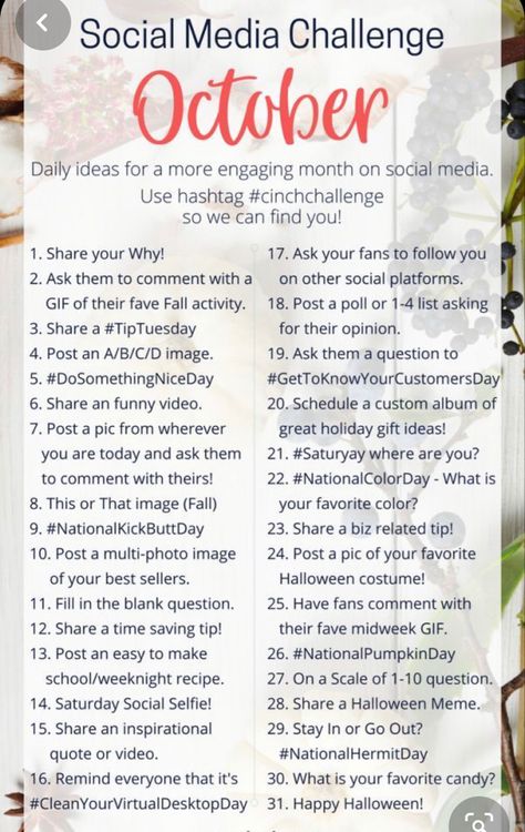 October Social Media Challenge, October Engagement Posts, October Post Ideas, Social Media Challenge, Engaging Posts, Posting Ideas, Social Media Challenges, Interactive Posts, Social Media Calendar