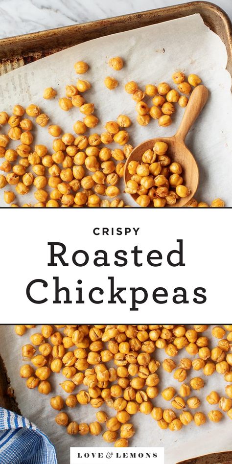 Roasted chickpeas are a great healthy snack or crispy addition to your favorite healthy dishes! Learn how to make them with my go-to tips & tricks. | Love and Lemons #healthysnacks #chickpeas #vegan #glutenfree Roasted Chickpeas Recipe, Crispy Roasted Chickpeas, Chickpea Recipes Roasted, Shawarma Spices, Chickpeas Recipe, Vegetarian Protein Sources, Protein Packed Snacks, Healthy Vegan Snacks, Chickpea Recipes